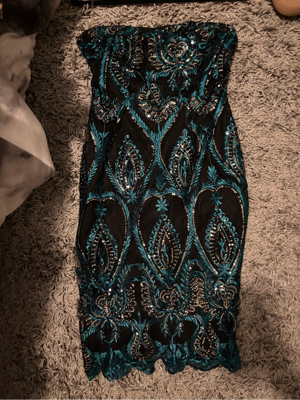Strapless Teal & Black Beaded Sheath Dress